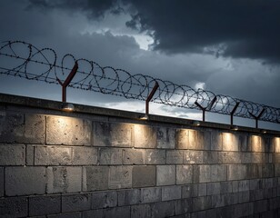 Fototapeta premium Concrete wall with barbed wire and spotlights under cloudy sky