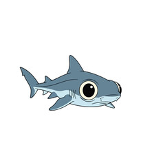 Cartoon illustration of a stylized, cute gray shark with large eyes on a white background.
