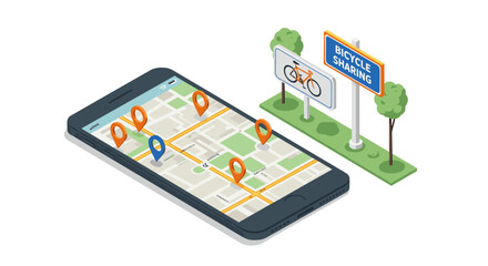 Bicycle sharing concept with smartphone gps navigation and map pins