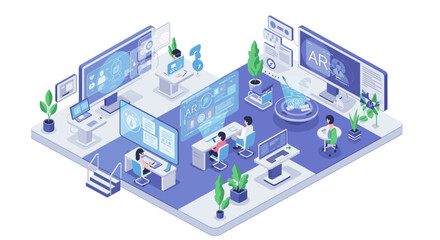 Obraz premium Isometric office with augmented reality and technology integration