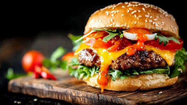 Delicious cheeseburger loaded with fresh ingredients on a wooden board