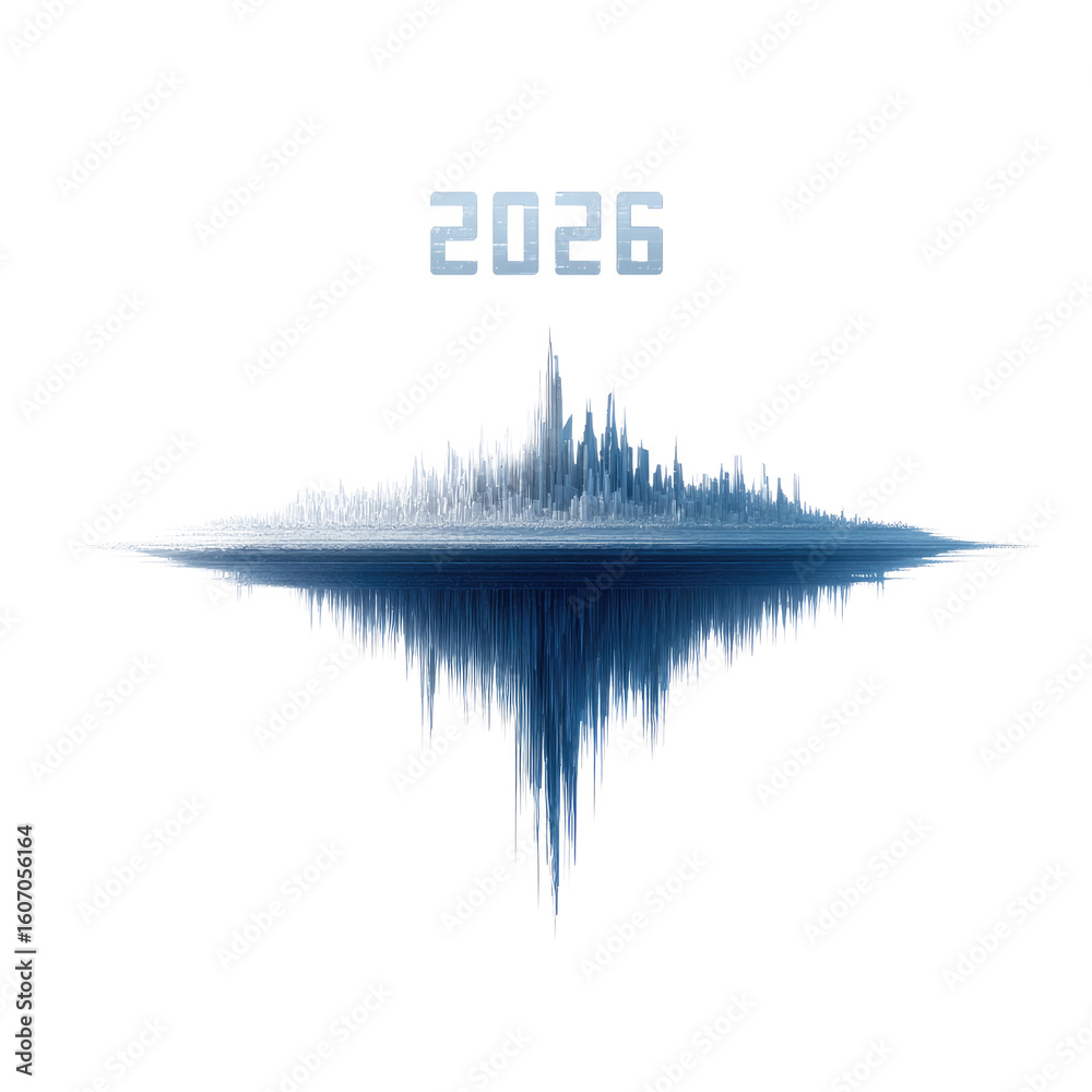 Poster futuristic sound wave visualization for the year 2026 with unique pattern and style
