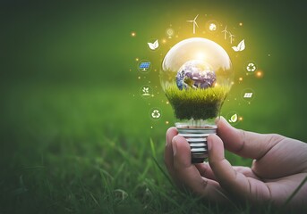 Hand holding lightbulb with Earth inside and green grass symbolizing renewable energy and sustainable environment with eco icons promoting environmental awareness