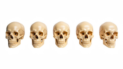 Realistic human skulls displayed in row, showcasing different angles and details. Ideal for educational purposes or artistic projects