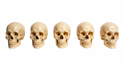 Realistic human skulls displayed in row, showcasing different angles and details. Ideal for educational purposes or artistic projects