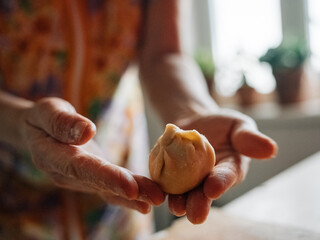 The process of making homemade cakes. Close-up of women's hands. A woman cooks a lot of pies with fillings in the kitchen at home.