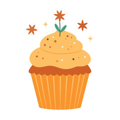 Cute illustrated cupcake with orange frosting, sprinkles, and a whimsical flower topper.