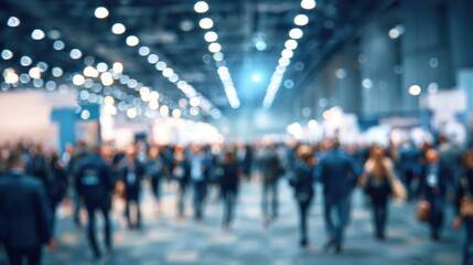 A blurred view of a busy conference or trade show, showcasing the energy and networking atmosphere.