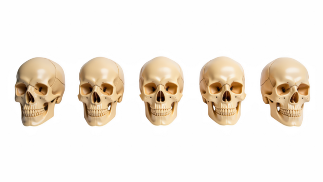 Realistic human skulls displayed in row, showcasing different angles and details. Ideal for educational purposes or artistic projects