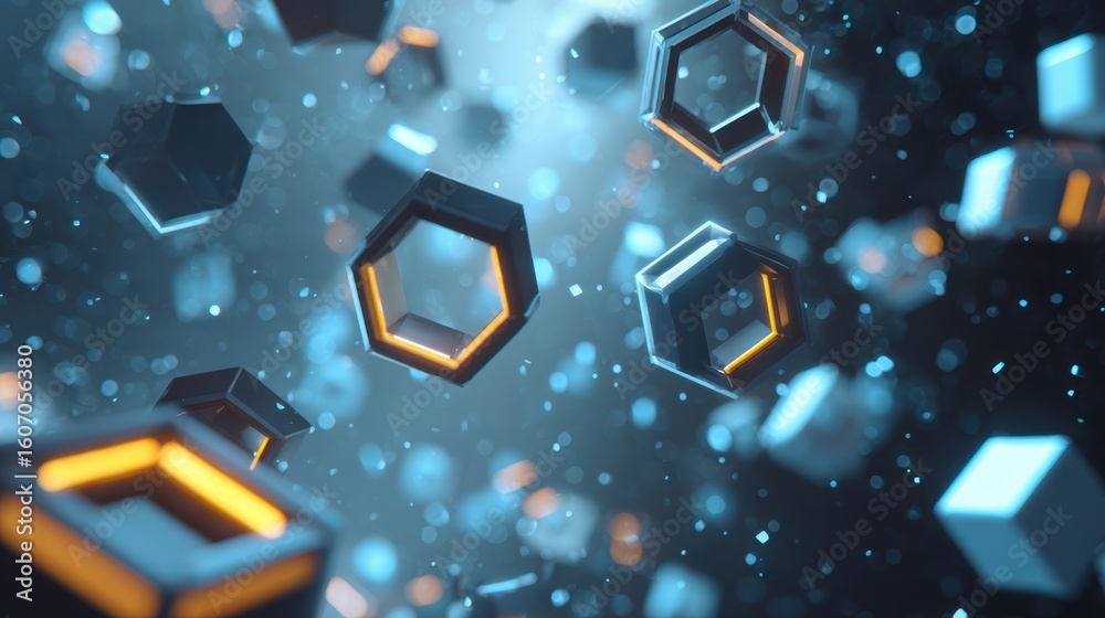 Poster a captivating 3d representation of hexagonal shapes floating in a vibrant digital space, emphasizing