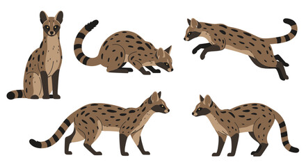 Fototapeta premium Illustrated hyenas in various poses with spotted fur patterns 