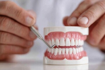 Dental professional demonstrating cleaning techniques on a model of human teeth