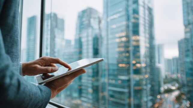 A businessman using a tablet while looking at urban skyscrapers through a window in a modern office. - Powered by Adobe