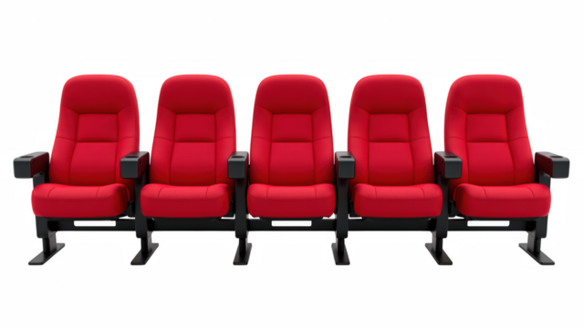 Comfortable red theater seats arranged in row, perfect for enjoying movies or events. Ideal for cinema or home theater setups