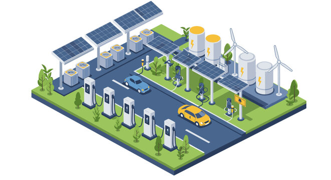 Eco-friendly isometric city with electric charging stations and renewa