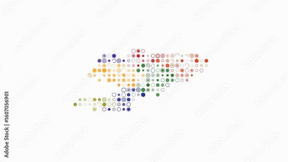 Poster kyrgyzstan dotted animation. shape of the country build of pulsating colored dots. large size circle