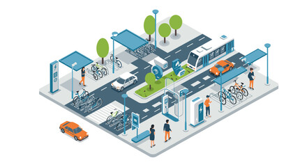 Sustainable city transport systems with bikes, electric cars, and char