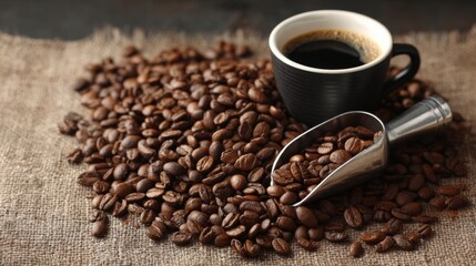 A close-up of coffee beans and a cup of espresso on a rustic surface, showcasing rich textures and inviting aroma.