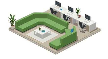 Modern office lounge with green sofa and workstations in isometric des
