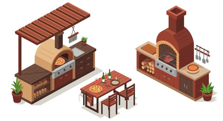 Isometric outdoor kitchen with pizza oven and dining area
