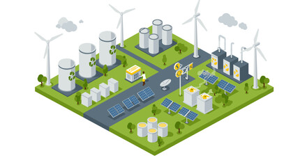 Sustainable energy isometric design with solar panels, wind turbines,