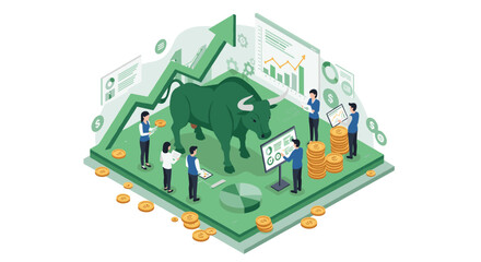 Isometric bull market analysis with team and graphs in office setting
