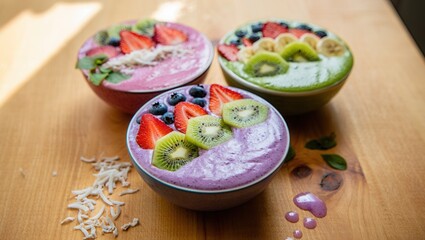 A Colorful Display of Smoothie Bowls Topped with Fresh Fruits and Coconut on a Rustic Wooden Table