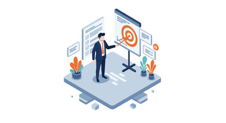 Business strategy presentation with isometric office elements and anal