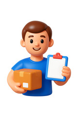3D Delivery Man with Package and Clipboard Isolated on a Transparent Background