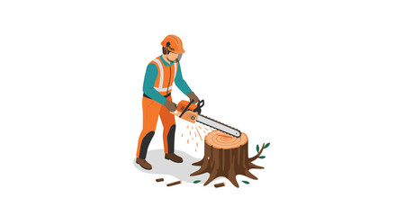 Lumberjack cutting tree trunk with chainsaw in safety gear isometric s