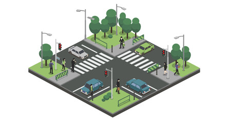 Naklejka premium Urban isometric city intersection with cars and pedestrians at crosswa