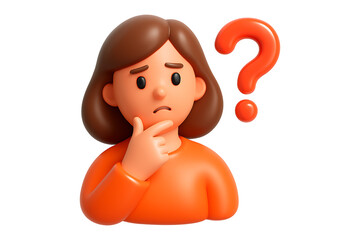 3D Confused Woman with Question Mark Isolated on a Transparent Background