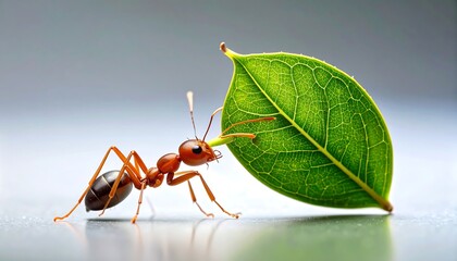 Determined ant carrying vibrant green leaf with strength and purpose for a nature study or biology lesson