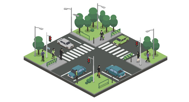 Urban isometric city intersection with cars and pedestrians at crosswa