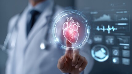 A doctor interacts with a holographic heart, showcasing medical technology and innovation in healthcare.