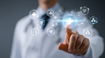 A doctor interacts with digital health icons, representing modern medical technology and healthcare innovation.