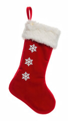 Red Christmas stocking with white fur trim and snowflake decorations, perfect for holiday celebrations and gift giving