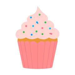 Cute cartoon cupcake with swirled pink frosting and colorful sprinkles in a pink pleated liner.