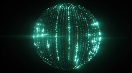 A glowing digital sphere made of bright, green binary code representing futuristic technology.