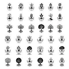 Nurturing growth symbols hands holding plants trees and seedlings for eco business concepts