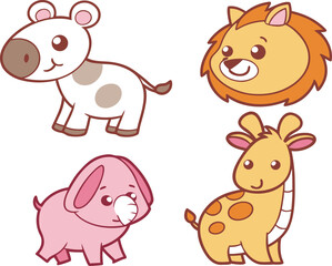 Obraz premium Cute Cartoon Animals Zebra, Lion, Elephant, and Giraffe
