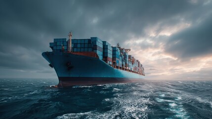 A massive cargo ship navigates through stormy seas, showcasing maritime trade and transportation in a dramatic setting.