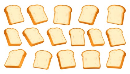Bread slices in various angles on a white background