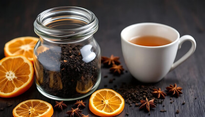 Loose leaf black tea with orange and star anise, aromatic herbal tea blend in glass jar and cup, cozy autumn winter beverage concept