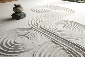 Zen Garden Still Life Stone Cairn and Sand Ripple Patterns in Tranquil Harmony