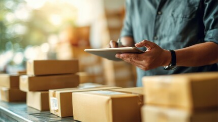 A person reviewing shipment details on a tablet amidst stacked packages in a warehouse or shipping center.