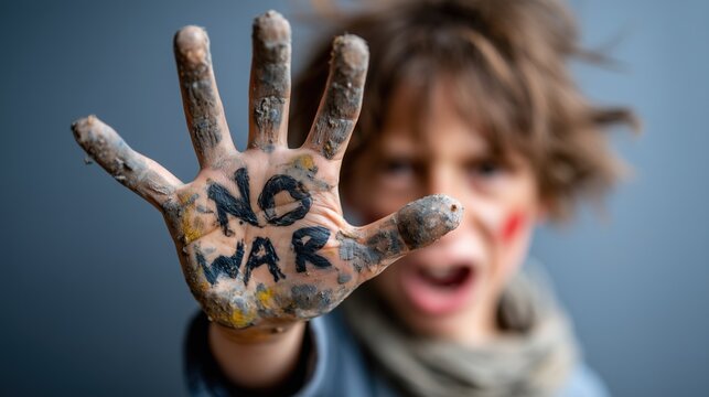 Enfant montrant sa main peinte avec 'NO WAR' - message de paix
