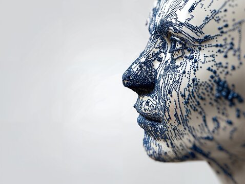 Profil artistique avec motifs pointilles bleus sur fond blanc