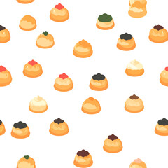 Assortment of choux pastry cream puffs with colorful sweet toppings like chocolate, cream, jam, and matcha.