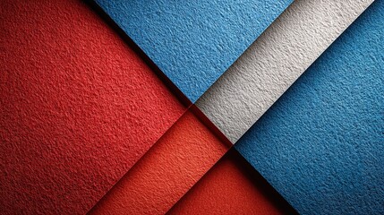 Red, blue, and white paper sheets arranged at an angle on a red background